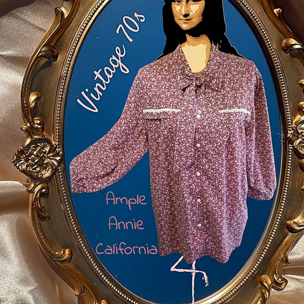 Vintage 70s Ample Annie California (Ample Togs) Pussycat Bow Button Down Smock